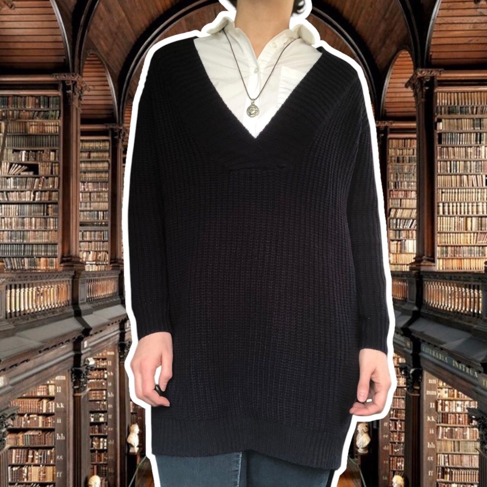 Tobi Oversized Deep Navy Blue V-Neck Schoolboy Sweater Tunic, Size S